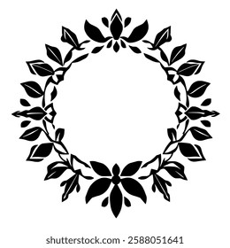 Elegant Black and White Floral Wreath Frame. Perfect for invitations, logos, and decorative designs. A classic, circular frame with intricate leaf details.