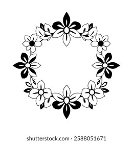 Elegant Black and White Floral Wreath Frame: Vintage Flower Circle Border for Wedding, Art, and Decoration
