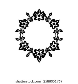 Elegant Black and White Floral Wreath Frame. Perfect for invitations, cards, and decorative design projects. A classic, symmetrical, and versatile floral circle pattern.