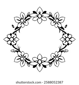 Elegant Black and White Floral Wreath Frame. Perfect for wedding invitations, cards, and other decorative designs. Classic and vintage style. Circular floral border.