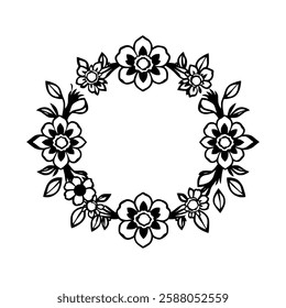 Elegant Black and White Floral Wreath Frame. Perfect for invitations, cards, and other design projects. A classic, circular floral pattern with intricate details.