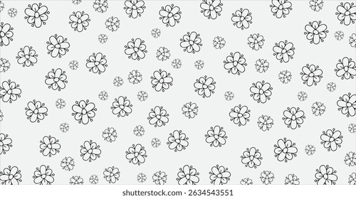 Elegant Black and White Flower Pattern on Pale Grey Background for Textile Design, Delicate Floral Arrangement, Cute Hand-Drawn Style Illustration, Botanical Wallpaper