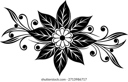 Ilustración elegante de la silueta del Vector de la flor en blanco y negro aislada en fondo transparente perfecta para los proyectos del arte de la decoración de la pared y el diseño creativo en fondo transparente