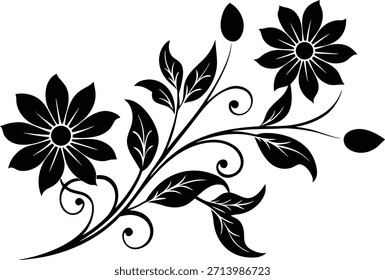 Elegant black and white flower vector silhouette illustration isolated on transparent background perfect for wall decor craft projects and creative design on transparent background