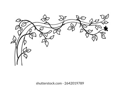 Elegant black and white foliage corner border design with leaves and twigs isolated