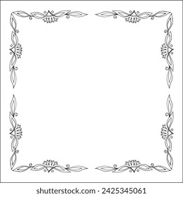 Elegant black and white frame with Scandinavian ornament, decorative border, corners for greeting cards, banners, business cards, invitations, menus. Isolated vector illustration.