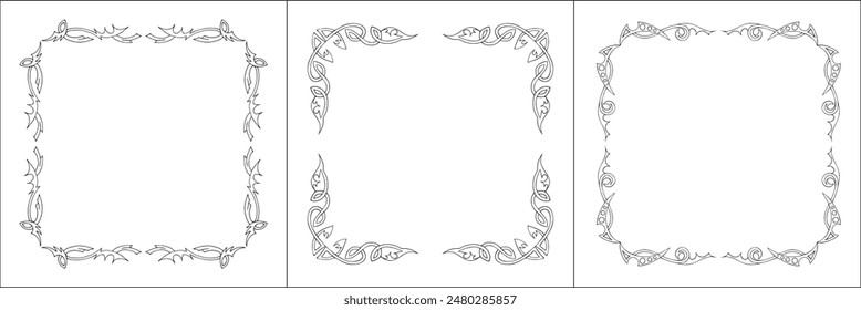 Elegant black and white frame with Scandinavian ornament, decorative border, corners for greeting cards, banners, business cards, invitations, menus. Isolated vector illustration.	