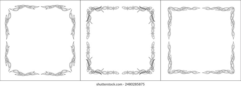 Elegant black and white frame with Scandinavian ornament, decorative border, corners for greeting cards, banners, business cards, invitations, menus. Isolated vector illustration.	