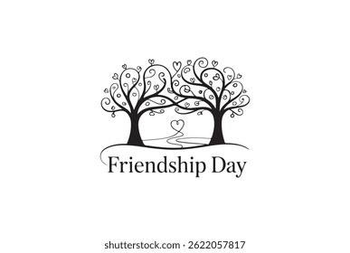 Elegant black and white Friendship Day design with intertwined trees.