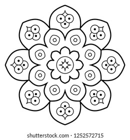 Elegant black white geometric mandala design. Simple ethnic graphic floral print. Exotic minimal vector illustration for interior, wallpaper, fabric, textile, phone case. Modern linear doodle motif.