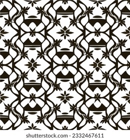 Elegant black and white geometric pattern, reminiscent of a damask design, showcasing a repeating fabric pattern with dark flower motifs, creating a sophisticated and timeless look.