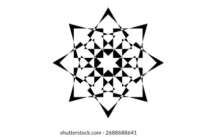 Mandala de estrela geométrica preto e branco elegante, vetor abstrato mínimo moderno com triângulos em camadas e simetria, peça central em negrito para decoração, meditação, branding, ioga, tatuagem, imprimir, web, têxtil