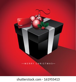 Elegant black and white gift box with tag, ornaments and mistletoe. EPS 10 vector, grouped for easy editing. No open shapes or paths.