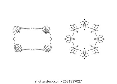 Elegant black and white hand drawn border elements with shells and floral arrangement