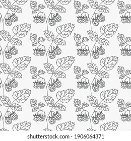 Elegant black and white hand-drawn seamless pattern with branches of wild berries. Applicable for creating wrapping papers, wallpapers, fabrics and decorative backgrounds. Vector illustration.
