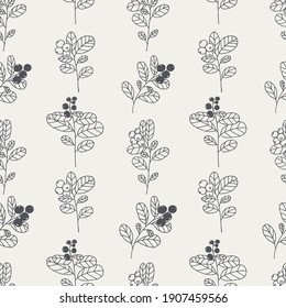 Elegant black and white hand-drawn seamless pattern with branches of wild berries. Applicable for creating wrapping papers, wallpapers, fabrics and decorative backgrounds. Vector illustration.