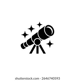 Ícone preto e branco elegante com um telescópio em um tripé cercado por quatro estrelas, ótimo para astronomia, ciência ou temas educacionais e designs de logotipo.