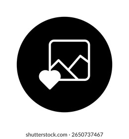 Elegant black and white icon featuring a landscape picture within a square with heart indicating appreciation