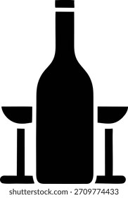 Elegante schwarz-weiße Ikone mit einer Weinflasche und zwei Gläsern. Ideal für Menüs, Beschilderungen oder Aktionen im Zusammenhang mit Wein und Speisen.