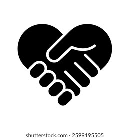 Elegant black and white icon a handshake turning into a heart. A symbol of friendship, trust, and teamwork. Suitable for any brand or social good project.