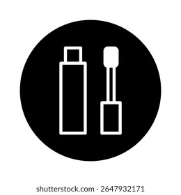 Ícone preto e branco elegante de um tubo de rímel com seu aplicador e escova para cosméticos