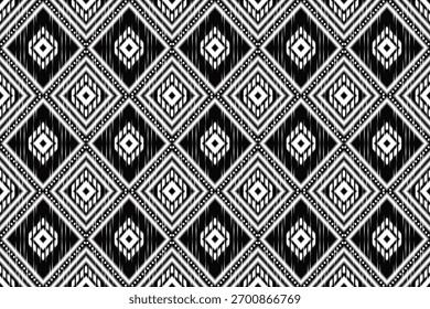 Elegante patrón ikat en blanco y negro con motivos de diamantes en capas. Perfecto para textiles minimalistas, moda moderna y diseños decorativos de inspiración étnica.