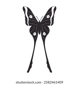 Elegant black and white illustration of a butterfly with long, delicate tails and intricate wing details, perfect for nature-themed projects, decorative elements, and artistic designs.