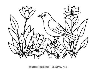 Elegant black and white illustration depicting a songbird amidst flowers and foliage