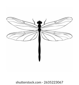 Ilustração em preto e branco elegante de uma libélula detalhada isolada sobre fundo branco