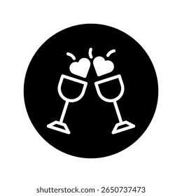 Elegant black and white illustration featuring two glasses toasting with hearts perfect for wedding designs