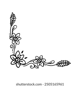 Una elegante ilustración en blanco y negro de un borde de esquina floral, con flores florecientes y enredaderas arremolinadas.