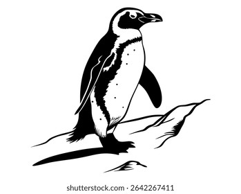 Elegant black and white illustration of a penguin,  Penguin Silhouette on a Glacial Landscape, penguin, silhouette, black and white, bird, wildlife, animal, nature, ice, glacier, outcrop, rocky,  art,