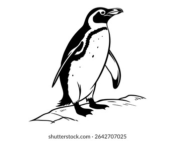 Elegant black and white illustration of a penguin,  Penguin Silhouette on a Glacial Landscape, penguin, silhouette, black and white, bird, wildlife, animal, nature, ice, glacier, outcrop, rocky,  art,