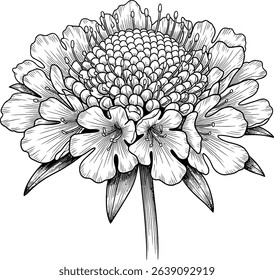 Elegant black and white illustration of a pincushion flower, perfect for wedding invitations, greeting cards, or as a stylish design element.