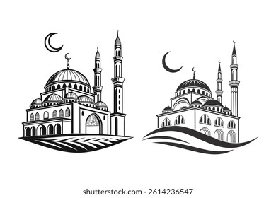 Elegant black and white illustration of two mosques with crescent moons