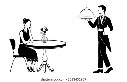 Elegant black and white illustration of a waiter serving a dish to a lonely woman at a restaurant. Minimalist retro style, refined atmosphere. Editable layers for easy customization.