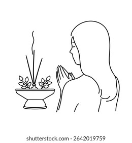 Elegant black and white illustration of a woman praying with incense and leaves