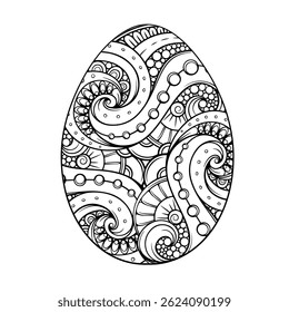 An Elegant Black and white intricate Swirl Pattern Easter Egg Antistress Coloring Page.