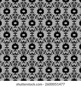 Elegant black and white lace pattern with floral, leaves, and swirls on a net. Seamless vector design, perfect for textiles, fashion, backgrounds, wedding decor, and vintage-inspired projects