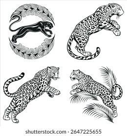 Elegant Black and White Leopard Illustrations Depicting Wildlife and Nature with a Distinctive Artistic Style and Striking Composition