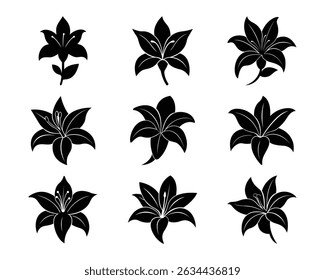 Elegant black and white lily flower silhouettes isolated on a clean white background