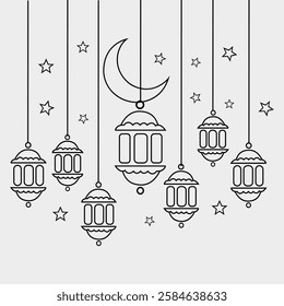 Elegant black and white line art illustration featuring Ramadan lanterns, crescent moon, and stars. Perfect for Islamic festivals, Ramadan Kareem, Eid Mubarak, greeting cards, decorations