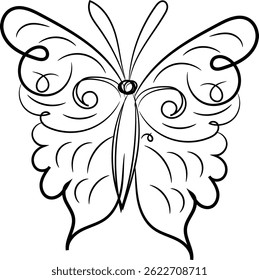 Elegant black and white line art illustration of a butterfly with intricate swirling wing details, perfect for design projects.