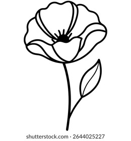 Elegant black and white line art illustration of a single poppy flower and leaf.