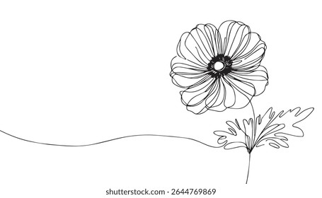 Elegant black and white line art depiction of poppy blossoms.