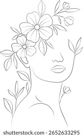 Elegante arte em linha preta e branca do rosto de uma mulher adornada com flores e folhas florescentes. Perfeito para impressões de arte botânica, logotipos de beleza, design de moda, ou ilustrações mindfulness.