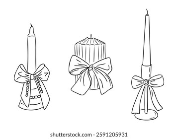 Elegant black and white line drawing of three decorative candles adorned with bows, featuring intricate ribbon details, ideal for festive, romantic, and holiday designs. Vector doodle illustrations