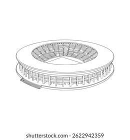 Elegant black and white line drawing of a modern sports stadium. Perfect for branding, presentations, editorial layouts, merchandise related to football or architecture. Stadium Architectural Design