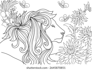 Elegant black and white line drawing featuring a regal lion's head with lush mane, vibrant flowers, and whimsical butterflies.