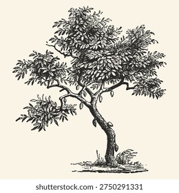 Elegant black and white line drawing of a bonsai tree, showcasing intricate branches and leaves, ideal for minimalist art, nature themes, and decorative designs.
